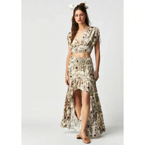 New Free People Morning Sun Two-Piece Maxi Skirt Set Cream Floral Small